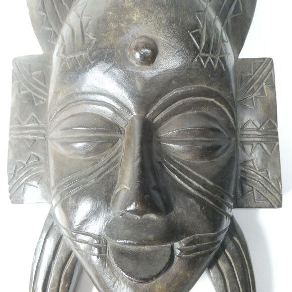 Horned Senufo Wooden Wall Mask Vintage Carved Ivory Coast Africa - Picture 3 of 11